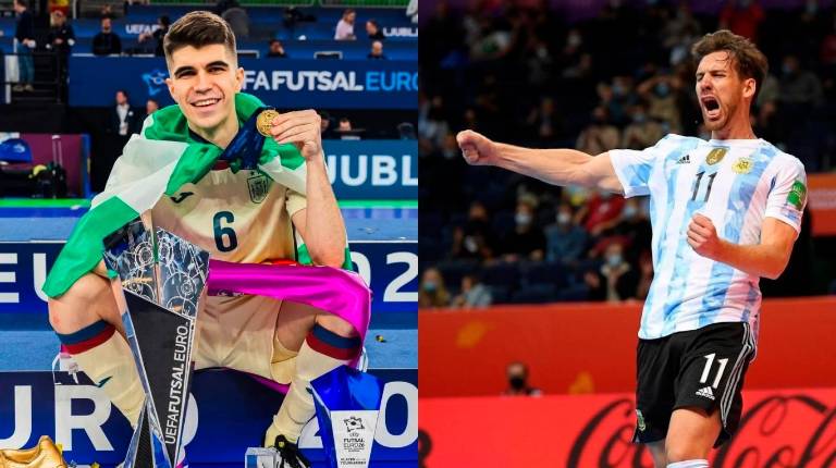 <i>A la izquierda, Antonio Pérez posa con los trofeos conseguidos en el Campeonato de Europa y a la derecha Alan Brandi celebra un gol en un Mundial. / Federación española y argentina. </i>