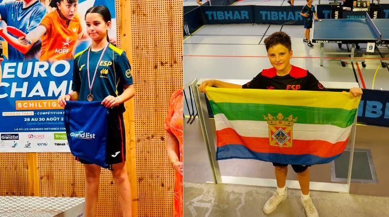 <i>Fátima Burgos, jugadora del CTM Alcalá, en el podio del Euro Mini Champ’s en Francia. Al lado, Jacobo Hervás, jugador del Tecnigen, exhibe la bandera de Linares. / CTM Alcalá / Tecnigen Linares.</i>