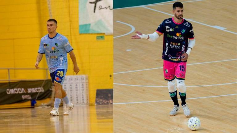 <i>Isma Vacas y Jesús Gómez, en jugadas esta temporada con El Ejido Futsal. / El Ejido.</i>