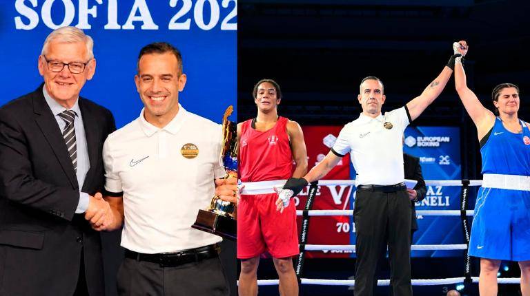 <i>David Pike, oficial técnico australiano, le entrega el premio a Francisco Ávila. Al lado, el árbitro jiennense proclama campeona a la turca Busenaz Surmeneli, en 70 kilos.</i>