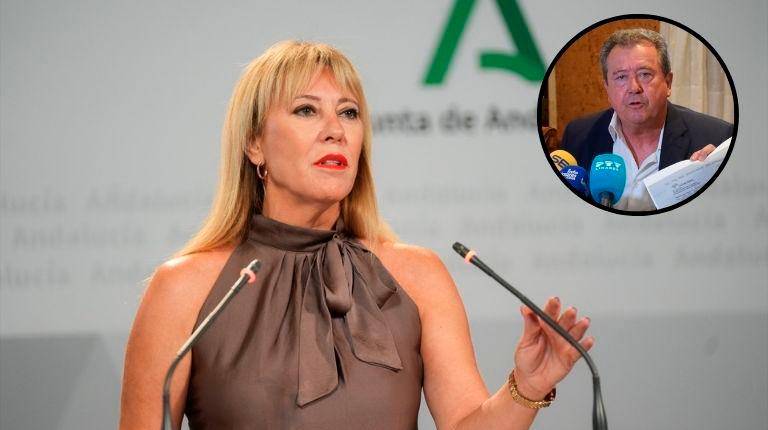 <i>La vicepresidenta tercera y consejera de Economía, Hacienda y Fondos Europeos, y portavoz del Gobierno andaluz, Carolina España, tras el Consejo de Gobierno y, en la parte superior, Juan Fernández, exacalde de Linares. / Europa Press.</i>