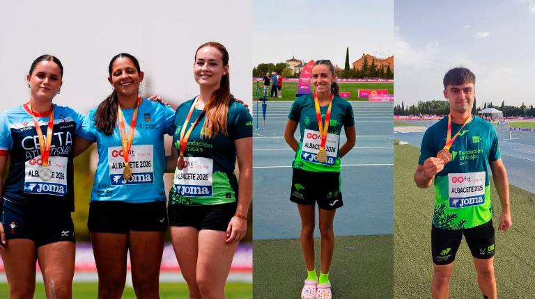 <i>Laura del Val, a la derecha, fue bronce en martillo. Al lado, Ana Alba Ruiz, campeona de España de 400 metros, y Héctor García, tercero en jabalina.</i>