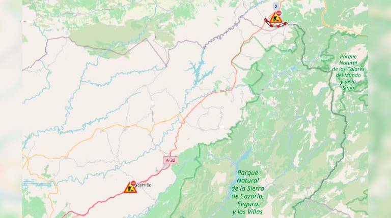 <i>Cortes de tráfico activos en la A-44 y A-32. / DGT. </i>