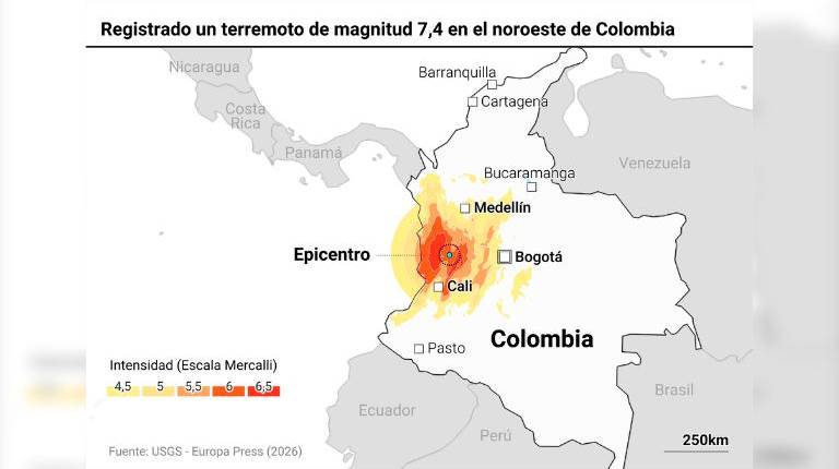<i>Mapa con localización del terremoto en Colombia. / Europa Press. </i>