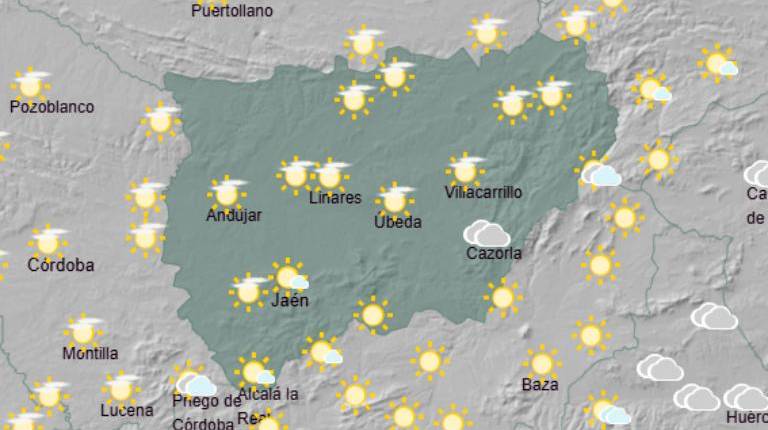 <i>Mapa de temperaturas para mañana martes en la provincia de Jaén. / Aemet. </i>