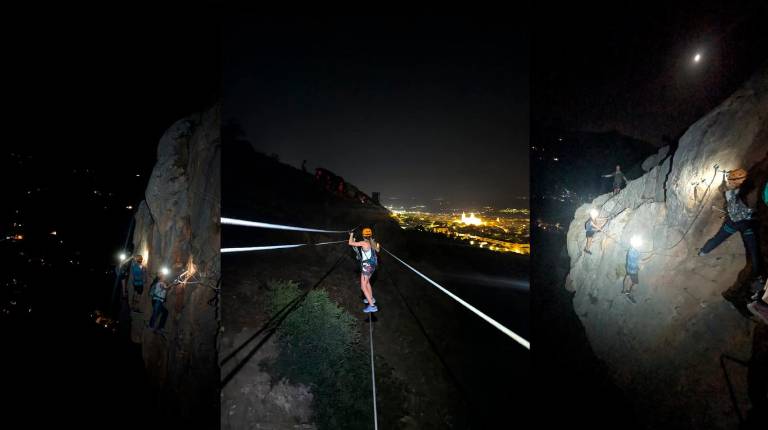 <i>Diferentes participantes durante la vía ferrata nocturna del programa “Jaén no duerme en verano”. / Ayuntamiento de Jaén. </i>