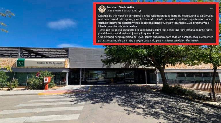 <i>Imagen de archivo del Hospital de la Sierra de Segura y, arriba, la publicación del alcalde de Puente de Génave.</i>
