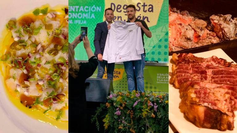 <i>Kiko Peñuela posa junto a Javier Perales y, a los lados, algunos de sus platos.</i>