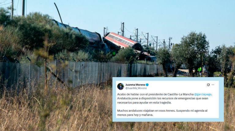 <i>Uno de los trenes accidentados y mensaje de Juanma Moreno.</i>