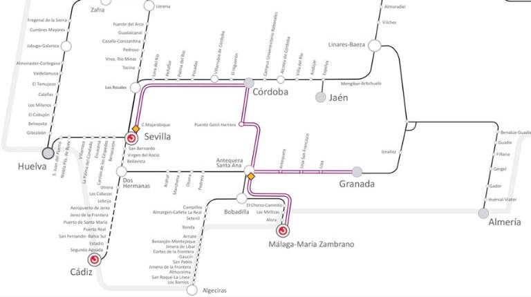 <i>Mapa de la red de trenes de Andalucía. En color negro los recorridos del Media Distancia, entre Jaén y Córdoba están suspendidos. / Renfe. </i>