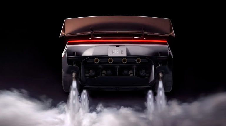 <i>Vista posterior del superdeportivo eléctrico, diseñado para integrar sistemas de propulsión que permiten levitar al vehículo. / Tesla.</i>