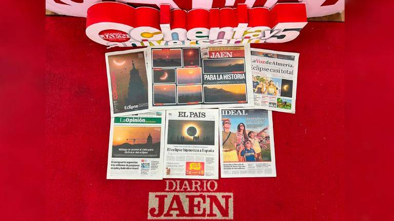 <i>Portadas del quiosco de ayer. Cinco cabeceras provinciales, regionales y nacionales queda plasmada la cobertura que le dieron ayer al eclipse, en contraposición con la envoltura especial de Diario JAÉN.</i>