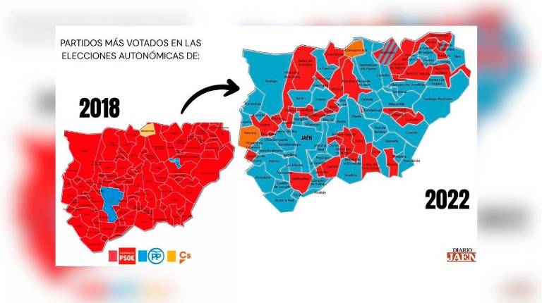 <i>Mapa de Jaén teñido con los colores de los partidos más votados en las elecciones de 2018 y 2022.</i>