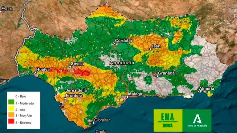 <i>Mapa del índice de riesgo de incendios forestales en Andalucía. / Plan Infoca. </i>