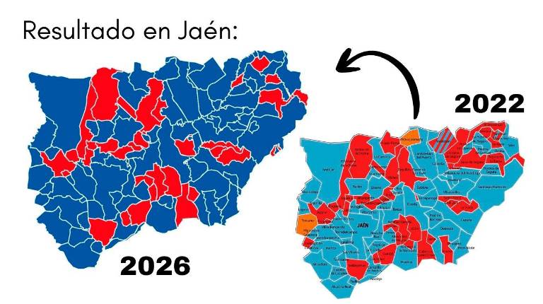 <i>Mapa de la provincia teñido de los colores de los principales partidos en 2026 y 2022.</i>