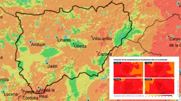 <i>Mapa con riesgo de incendios de la Aemet y evolución de las temperaturas, de Europa Press.</i>