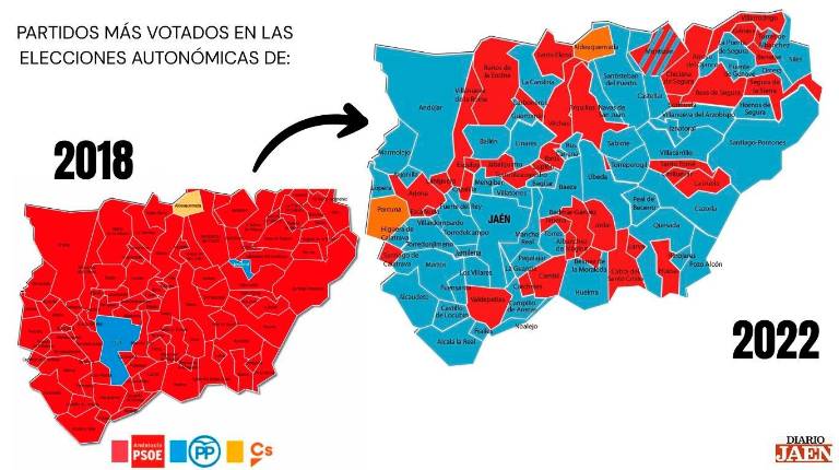 <i>Mapa de Jaén teñido con los colores de los partidos más votados en las elecciones de 2018 y 2022.</i>