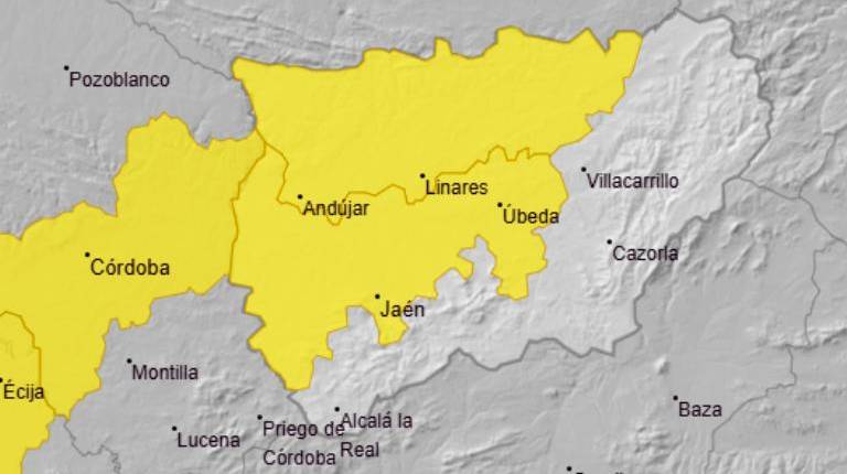 <i>Mapa de avisos amarillos por altas temperaturas de la Aemet activados en la provincia de Jaén para este sábado. / Aemet. </i>