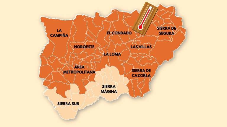 <i>Mapa de las comarcas de Jaén que se encuentran en aviso naranja hoy, 29 de julio.</i>