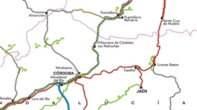 <i>Mapa de la red ferroviaria con el trazado de las líneas de tren entre Andalucía y Castilla-La Mancha, detallando las conexiones de Jaén, Córdoba y Puertollano. / Renfe. </i>