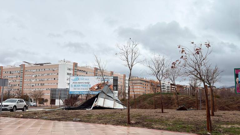 Las rachas de viento echan abajo las vallas publicitarias de la rotonda de La Pajarita