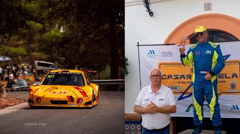 <i> Imágenes del monoplaza de Esteban Perea en la Subida a Casarabonela y el propio Perea recibiendo el galardón que le acredita como ganador.</i>