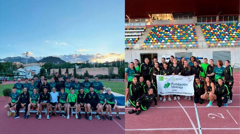 <i>A la izquierda, </i>l<i>os atletas posan en la pista Ángel Cortés de La Salobreja y, a la derecha, las especialistas posan en Castellón junto con Encarna Vallejo.</i>