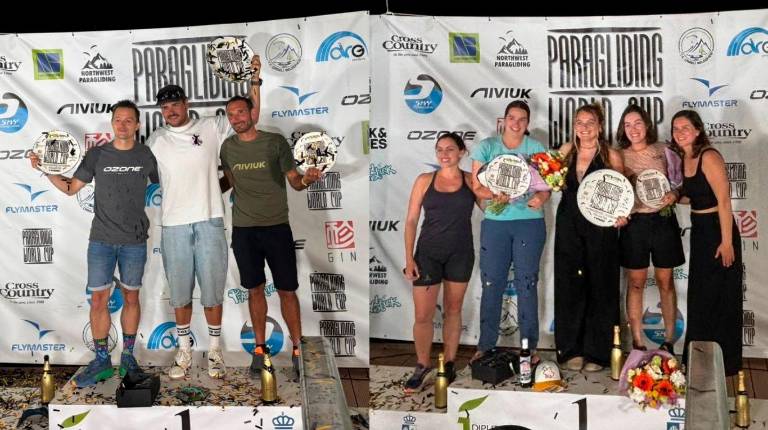 <i>A la izquierda, podio masculino con Baptiste Lambert, Andy Tallia y Pierre Remy. A la derecha, podio femenino conformado por Alexia Fischer, Constance Mettetal y Daphnée Ieropoli. / Álex Gómez / Diario JAÉN. </i>