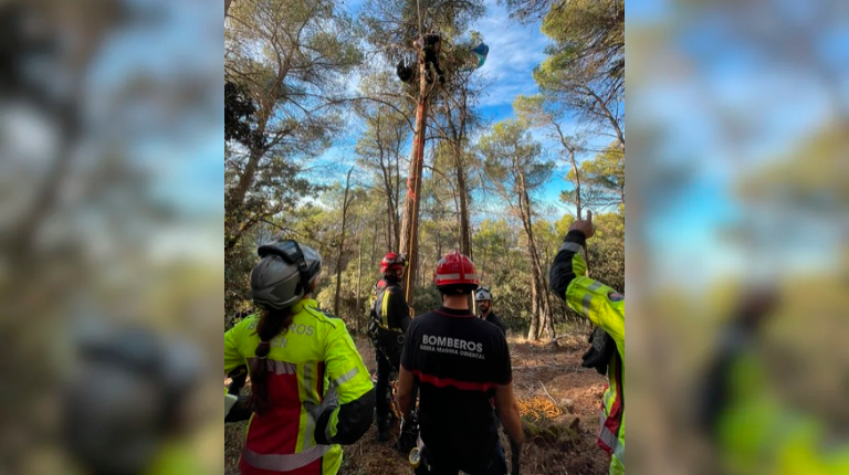 Los Bomberos de Jaén rescatan ileso a un parapentista francés atrapado en la copa de un pino en Sierra Mágina