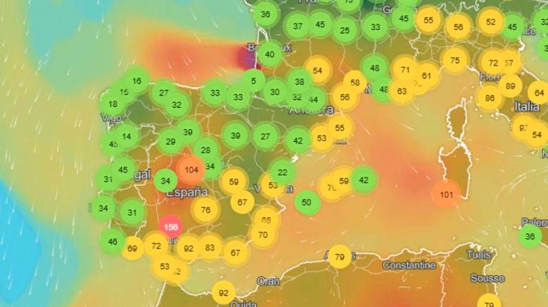 <i>Mapa de España, elaborado por IQAir sobre la calidad del aire.</i>