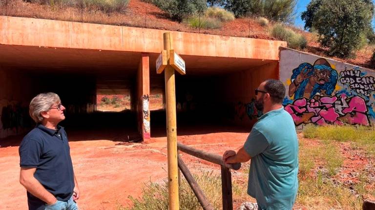 <i>El concejal de Turismo y Patrimonio Histórico de Linares, Enrique Mendoza, observa una de las nuevas señales. / Ayuntamiento de Linares.</i>