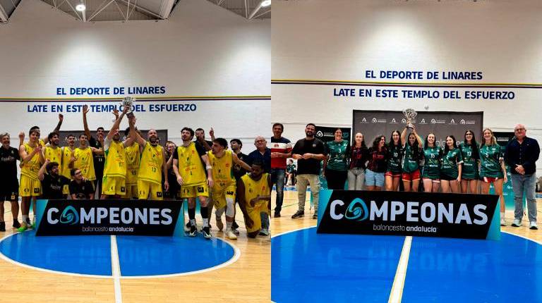 <i>Los jugadores del Jaén Paraíso Interior FS y el equipo del Jaén CB celebran las victorias en las finales de la Copa Delegación de Baloncesto. / Delegación Jiennense. </i>