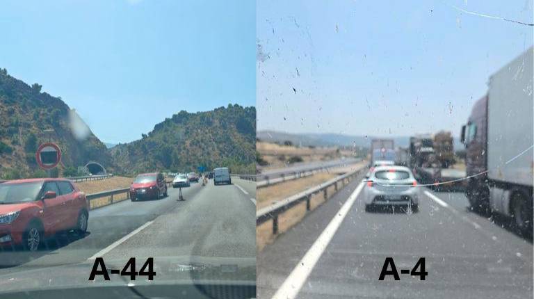 <i>A la izquierda, la A-44 a su paso por el túnel de La Cerradura y, a la derecha, la A-4 a la altura de Santa Elena. </i>