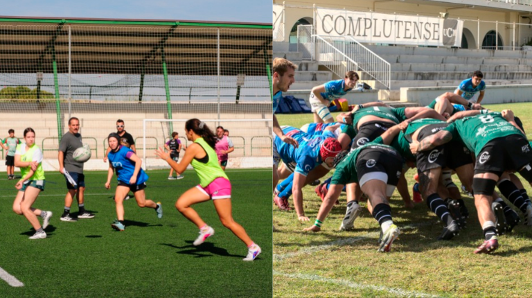 <i>Las jugadoras del Jaén Rugby femenino, durante un entrenamiento bajo las directrices del entrenador Nicolás Sanfilippo; y una melé del Jaén Rugby masculino ante el Cisneros.</i>