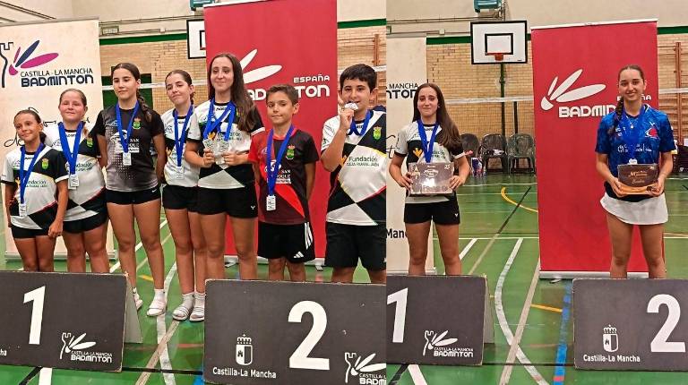 <i>Representantes del Club Bádminton Arjonilla que lograron medalla en La Roda. Al lado, Leyre Raigón, protagonista de la competición al lograr dos oros en sub 17, y Goya Vallés. / CB Arjonilla.</i>