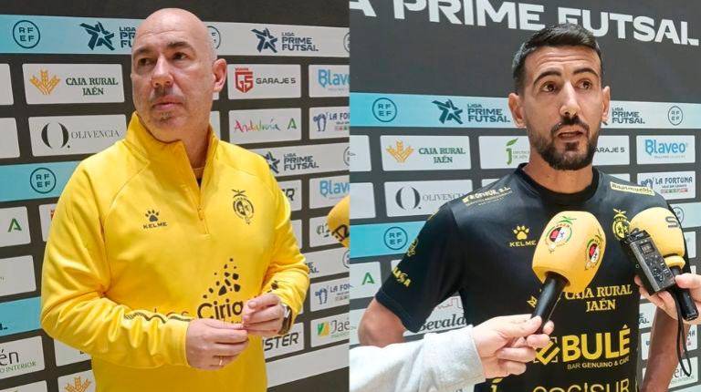 <i>El entrenador del Jaén Paraíso Interior, Daniel Rodríguez, y el jugador Alejandro Lemine en sus respectivas comparecencias previas al duelo ante Manzanares en el Olivo Arena. / F. Gaitán / Diario JAÉN.</i>