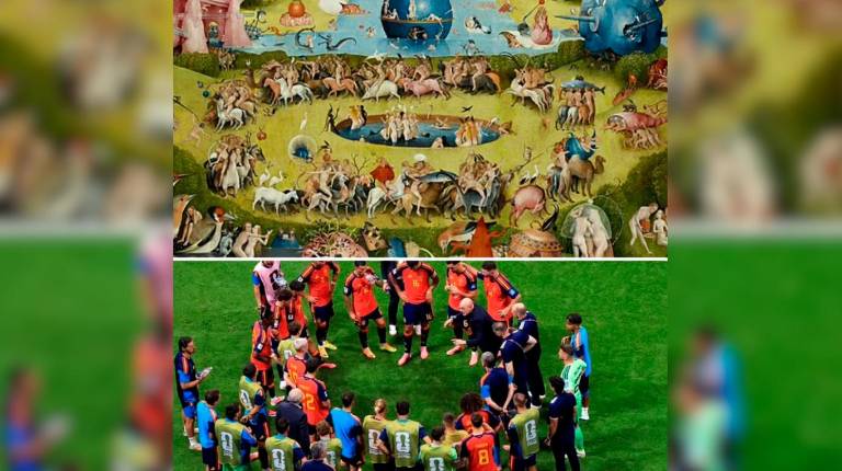 <i>Arriba el Jardín de las Delicias, obra de El Bosco y abajo la Selección Española de Fútbol en el día de la final del Mundial. / Museo del Prado. </i>