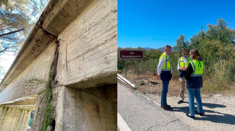 <i>A la izquierda, estado del puente, y a la derecha, visita de Miguel Contreras al lugar. / Junta de Andalucía.</i>