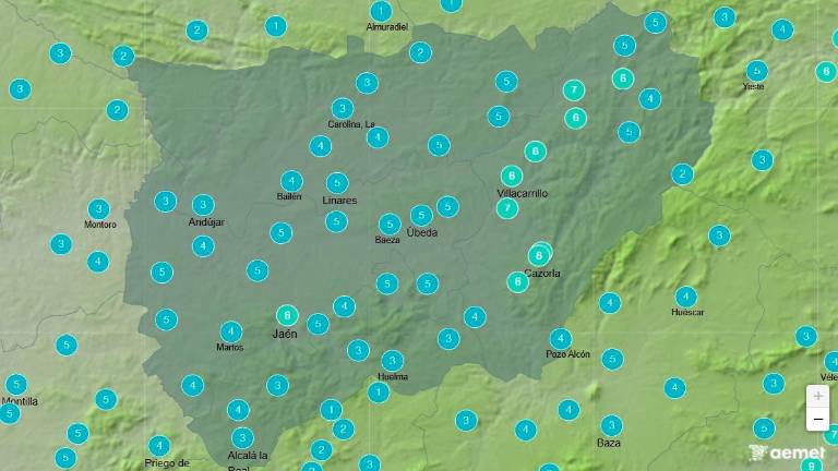 Mapa meteorológico de la provincia de Jaén que muestra las temperaturas previstas para las 06:00 horas de este sábado, 10 de enero. / Aemet.