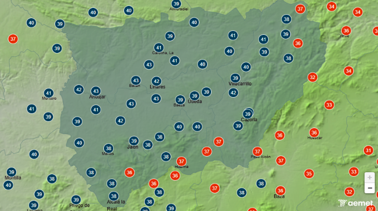 <i>Temperatura máximaque se podría alcanzar mañana, a primera hora de la tarde, en puntos de la provincia. / Aemet. </i>
