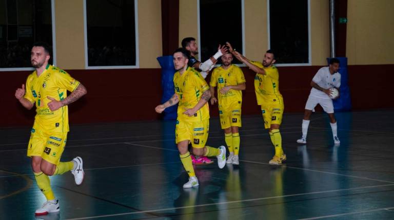 <i>Jugadores del Jaén Paraíso Interior celebran un gol ante el Manzanares, en el último amistoso disputado en Santisteban del Puerto. / Jaén Paraíso Interior FS.</i>