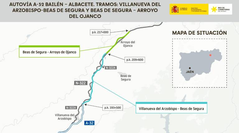 <i>Croquis con la ubicación de los tramos en proyecto: Villanueva del Arzobispo-Beas de Segura y Beas de Segura-Arroyo del Ojanco. / Subdelegación del Gobierno en Jaén. </i>