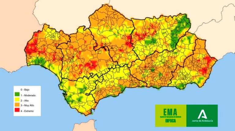 <i>Mapa del riesgo de incendios hoy domingo 12 de julio. / Plan Infoca. </i>