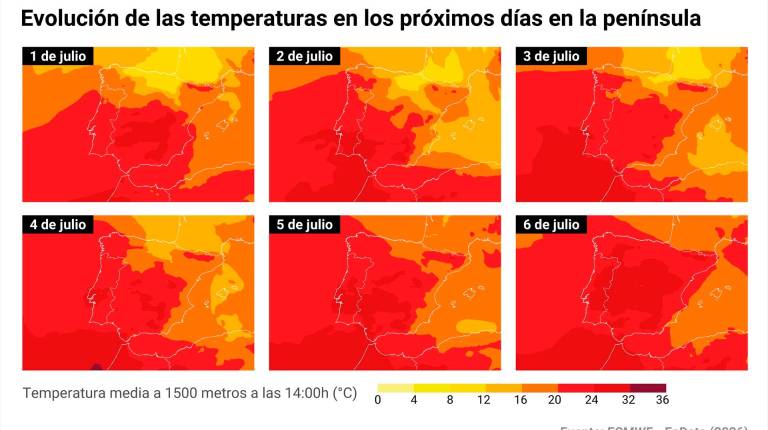 <i>Mapas con temperaturas en la península desde el 1 al 5 de julio. / Europa Press. </i>