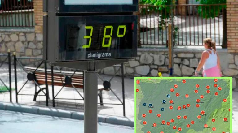 <i>Imagen de archivo de un día caluroso en Jaén, junto a un mapa de la Aemet, a las 18:00 horas, con la previsión de las temperaturas máximas para hoy.</i>