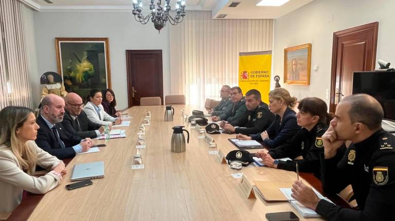 <i>Manuel Fernández preside la reunión para la coordinación de los dispositivos de seguridad y control laboral durante la campaña de recogida de la aceituna. / Subdelegación de Jaén.</i>