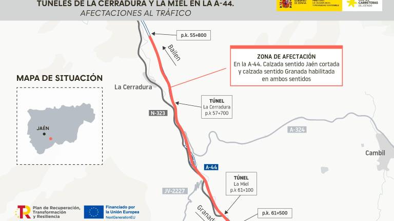 Cortes en la A-44 por obras de modernización en túneles de Jaén