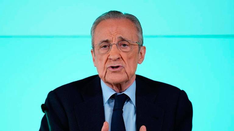 <i>Florentino Pérez, en la rueda de prensa. / Europa Press.</i>