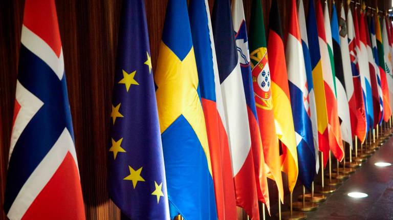 <i>Bandera de la Unión Europea junto a varias banderas de los países pertenecientes, en una imagen de archivo. / Eduardo Sanz / Europa Press.</i>