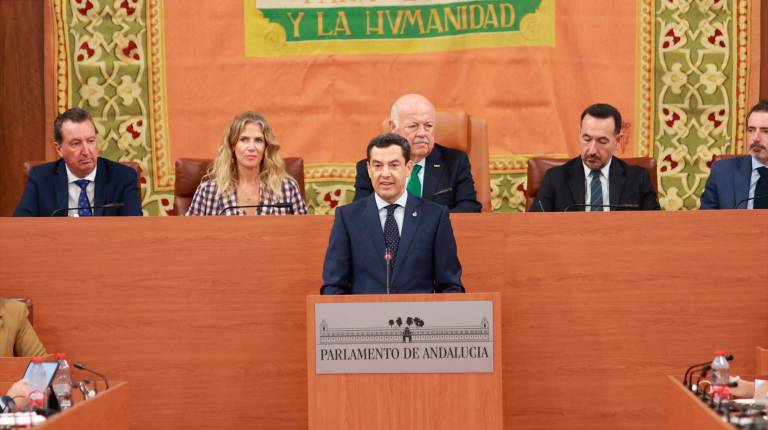 <i>El presidente en funciones de la Junta y candidato del PP a la reelección, Juanma Moreno, interviene en el debate de investidura. / Europa Press.</i>